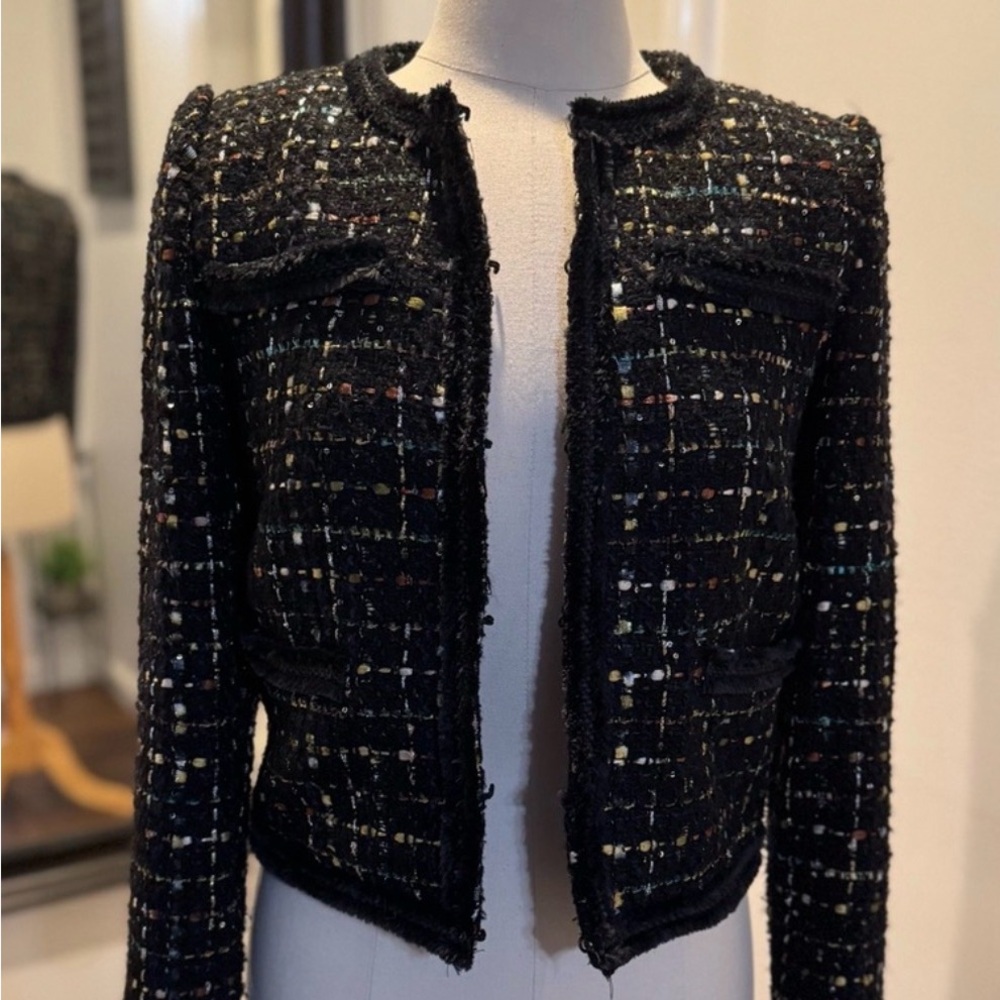 Tahari Black Tweed Open-Front Jacket with Subtle Multicolor Spring jacket M